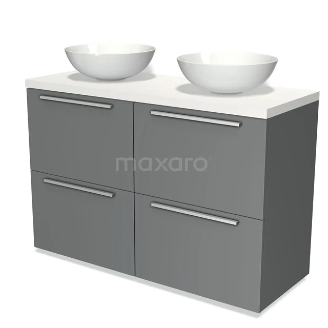 Grauer Badschrank mit doppeltem weißen Waschbecken; modernes Design mit vier Schubladen und schlichten Metallhaltegriffen.