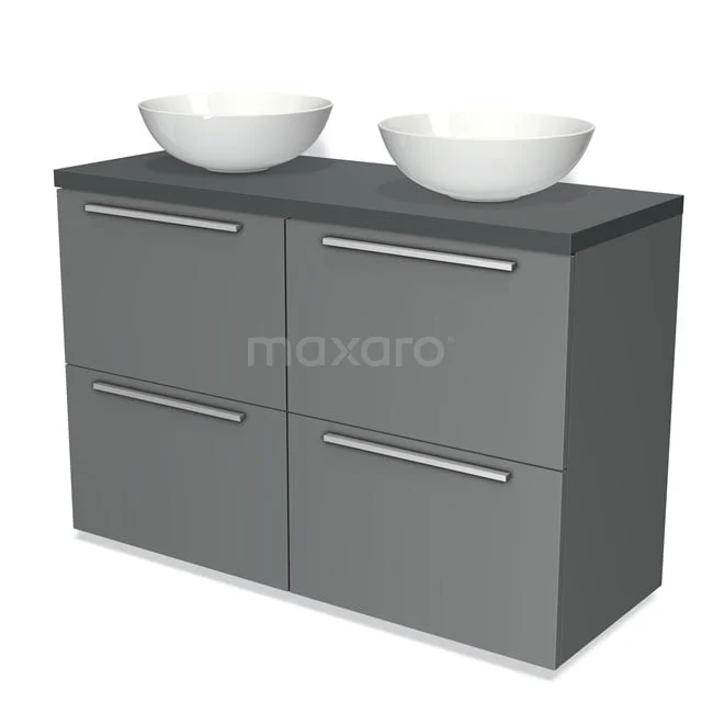 Graue Badmöbelset mit zwei weißen Aufsatzwaschbecken und vier Schubladen, modernes Design und schlichte Metallhaltegriffe.