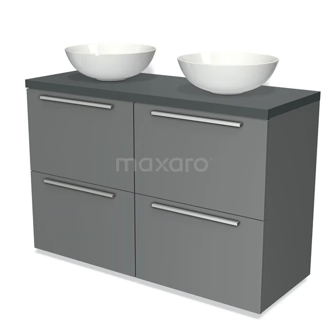 Graue Badmöbelset mit zwei weißen Aufsatzwaschbecken und vier Schubladen, modernes Design und schlichte Metallhaltegriffe.