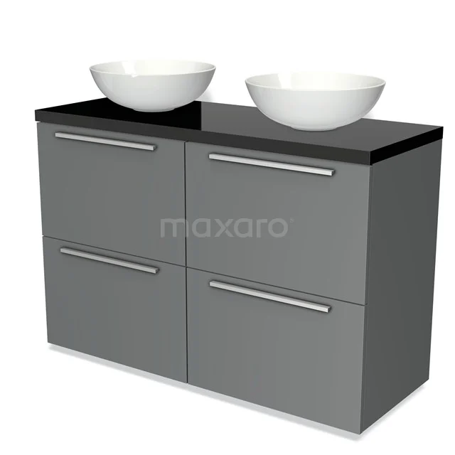 Graue Badmöbelset mit schwarzer Platte und zwei weißen, schalenförmigen Waschbecken, modernes Design und metallene Haltegriffe.
