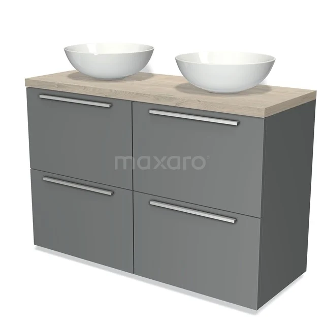 Modulo Plato Badmöbel mit Aufsatzwaschbecken | 120 cm Mittelgrau Flach front Hellgraue Eiche blatt 4 hohe Schubladen BMK14-00050 Graue Badmöbelset mit doppelten weißen Waschbecken und Holzoptik-Platte, ideal für moderne Badezimmergestaltung.