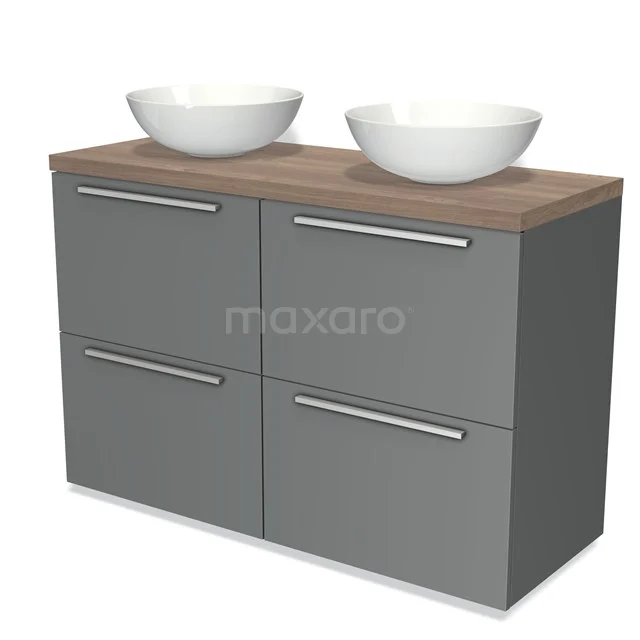 Modulo Plato Badmöbel mit Aufsatzwaschbecken | 120 cm Mittelgrau Flach front Mittelbraune Eiche blatt 4 hohe Schubladen BMK14-00052 Grau Badmöbel mit hölzerner Platte und zwei weißen Aufsatzwaschbecken, moderne Aufbewahrungsschrank mit klaren Linien und metallischen Griffen.