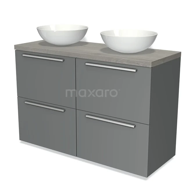 Badmöbel für Aufsatzwaschbecken 120cm Modulo Plato Mittelgrau 4 hohe Schubladen Flache graue Eiche Platte BMK14-00054 Grauer Badschrank mit doppelten weißen Aufsatzwaschbecken, modernes Design und metallischen Haltegriffen, ideal für stilvolle Badezimmer.