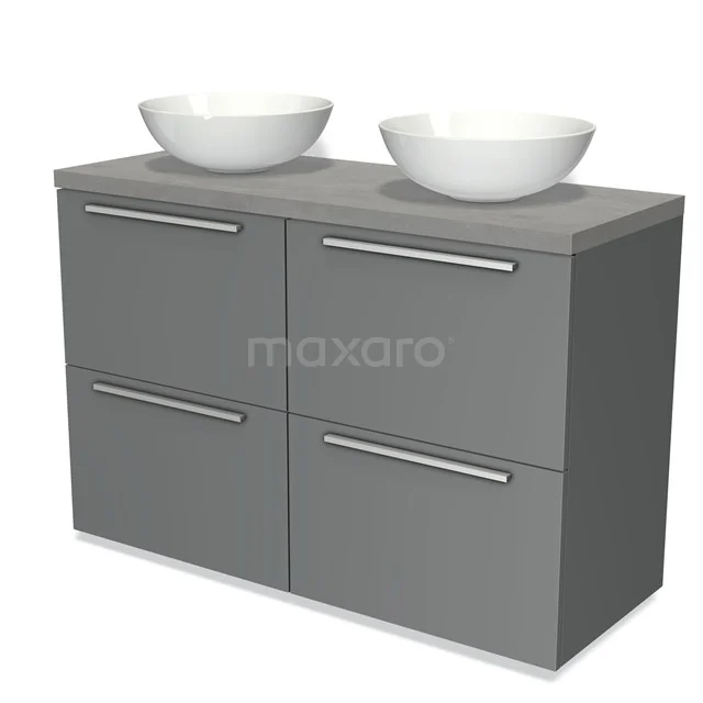 Grauer Badschrank mit vier Schubladen, Doppelwaschbecken und modernen Haltegriffen, ideal für stilvolle Badezimmerlagerung.