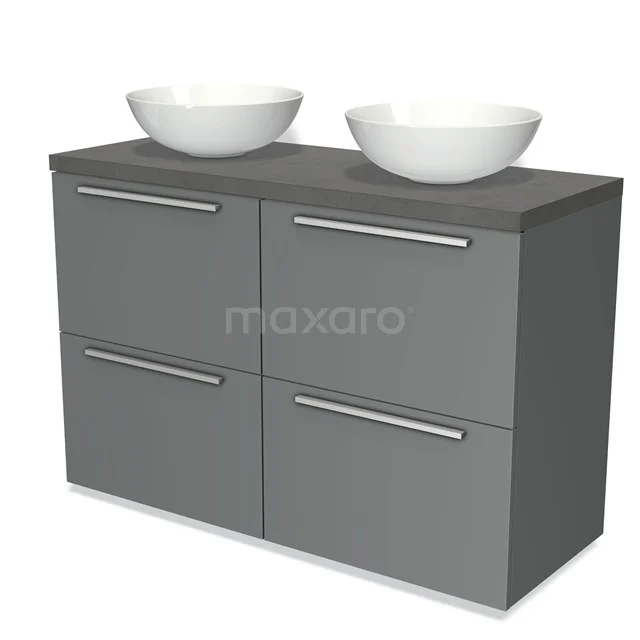 Grauer Badschrank mit doppelten weißen Aufsatzwaschbecken, modernes Design und metallischen Haltegriffen, ideal für stilvolle Badezimmer.