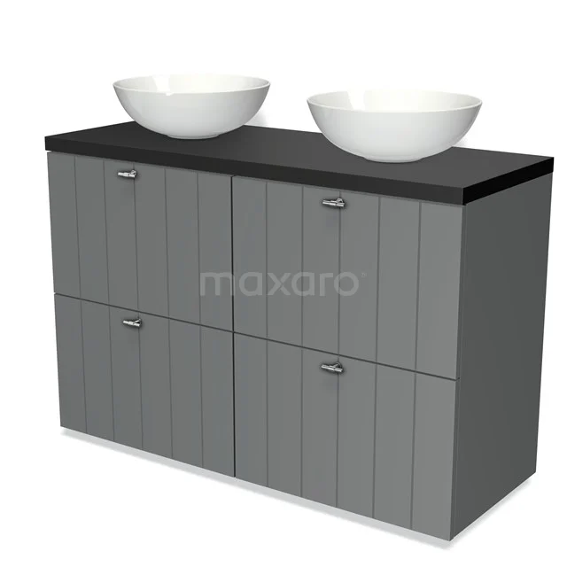 Modulo Plato Vanity units for countertop basin | 120 cm Mid grey Slat front Matte black worktop 4 high drawers BMK14-00057
