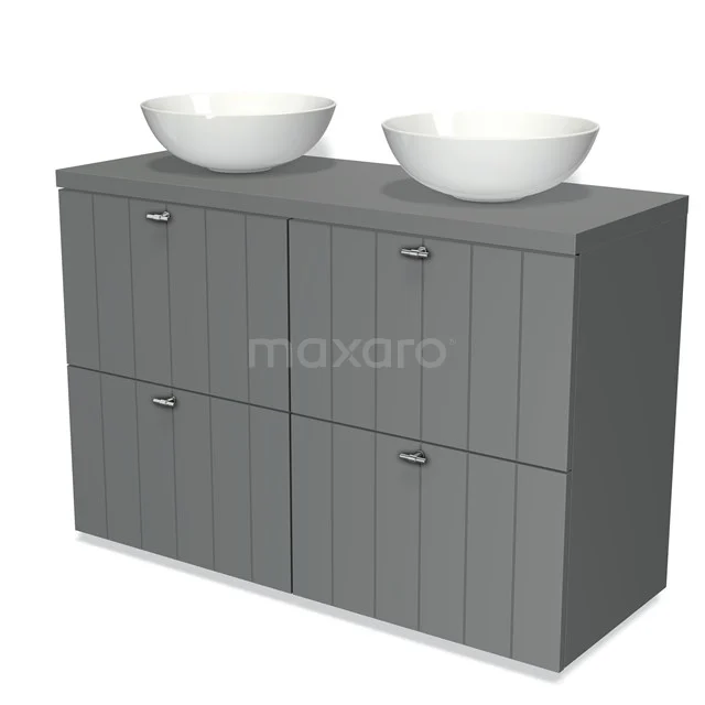 Badmöbel für Aufsatzwaschbecken 120cm Modulo Plato Mittelgrau 4 hohe Schubladen Laminat BMK14-00058 Graue Badmöbelset mit doppeltem Aufsatzwaschbecken, modernem Holzschrank und stabilen Aufbewahrungsmöglichkeiten, ideal für ein stilvolles Badezimmer.