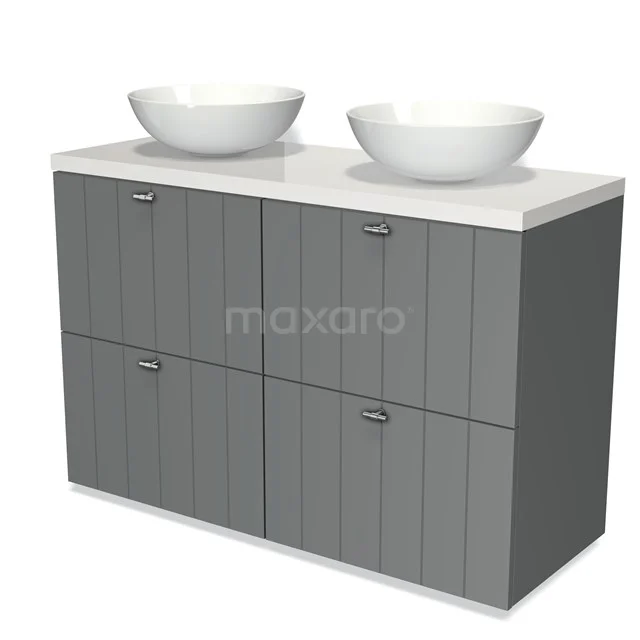 Modulo Plato Vanity units for countertop basin | 120 cm Mid grey Slat front High-gloss white worktop 4 high drawers BMK14-00059