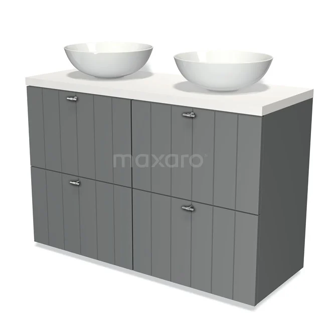 Modulo Plato Vanity units for countertop basin | 120 cm Mid grey Slat front Matte white worktop 4 high drawers BMK14-00060