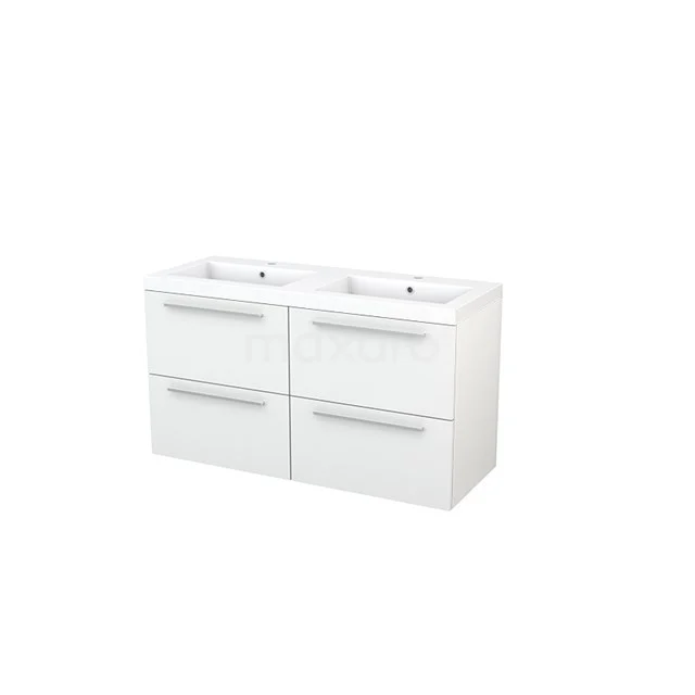 White double basin with smooth drawers, sleek design and chrome handles, ideal for modern bathrooms.