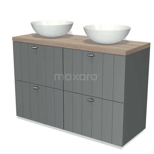 Modulo Plato Badmöbel mit Aufsatzwaschbecken | 120 cm Mittelgrau Lamelle front Eiche blatt 4 hohe Schubladen BMK14-00063 Grauer Badschrank mit Holzlook Platte, Doppelwaschbecken und modernen Linien; ideal für stilvolle Badezimmerlagerung.