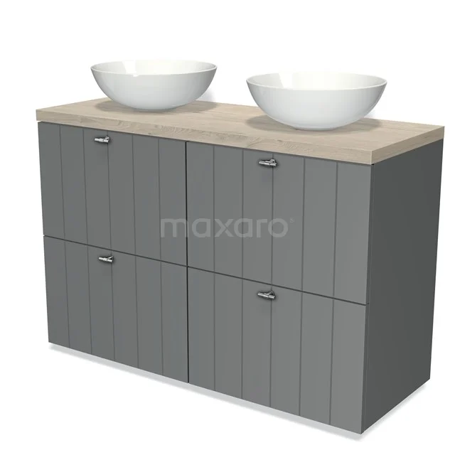 Modulo Plato Vanity units for countertop basin | 120 cm Mid grey Slat front Light grey oak worktop 4 high drawers BMK14-00064