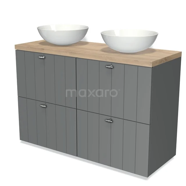 Modulo Plato Badmöbel mit Aufsatzwaschbecken | 120 cm Mittelgrau Lamelle front Hellbraune Eiche blatt 4 hohe Schubladen BMK14-00065 Grauer Badschrank mit Holzlook Platte, Doppelwaschbecken, modernes Design, ideal für stilvolle Badezimmergestaltung.