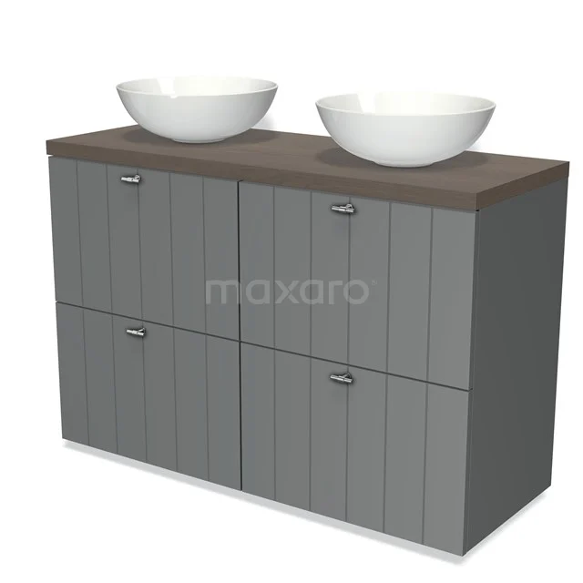 Modulo Plato Vanity units for countertop basin | 120 cm Mid grey Slat front Dark brown oak worktop 4 high drawers BMK14-00067