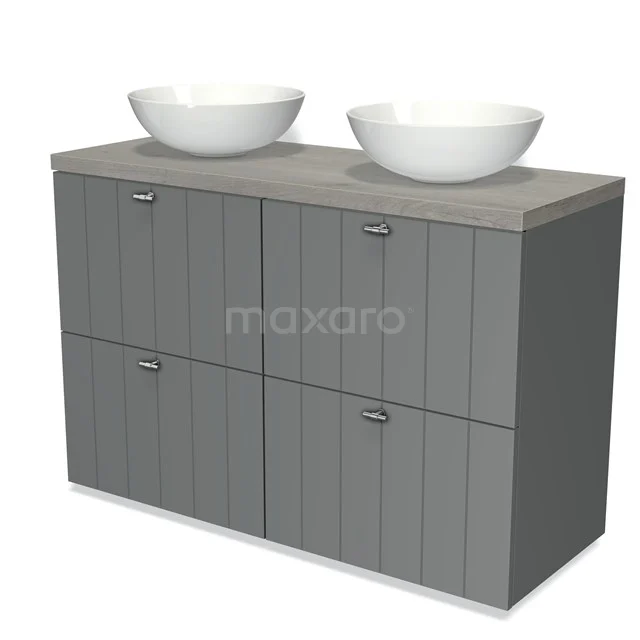 Modulo Plato Vanity units for countertop basin | 120 cm Mid grey Slat front Grey oak worktop 4 high drawers BMK14-00068