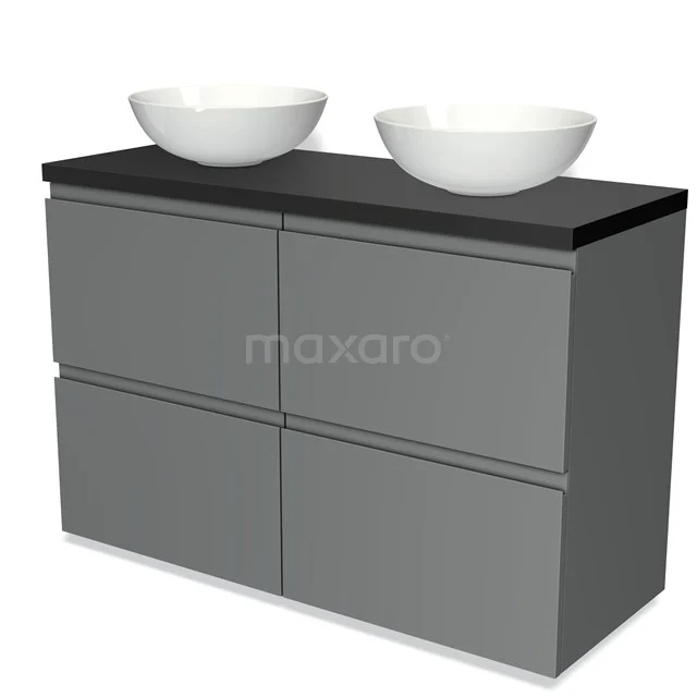 Graue Badmöbelset mit schwarzer Platte und zwei weißen Aufsatzwaschbecken, modernes Design und klare Linien.