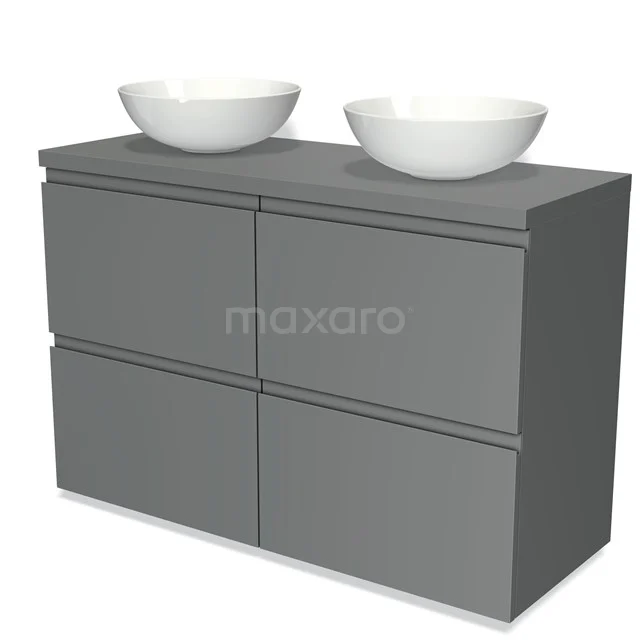 Graue Doppelwaschbeckenunterkonstruktion mit weißen Aufsatzwaschbecken, elegantes Design, ideal für eine moderne Badezimmergestaltung.