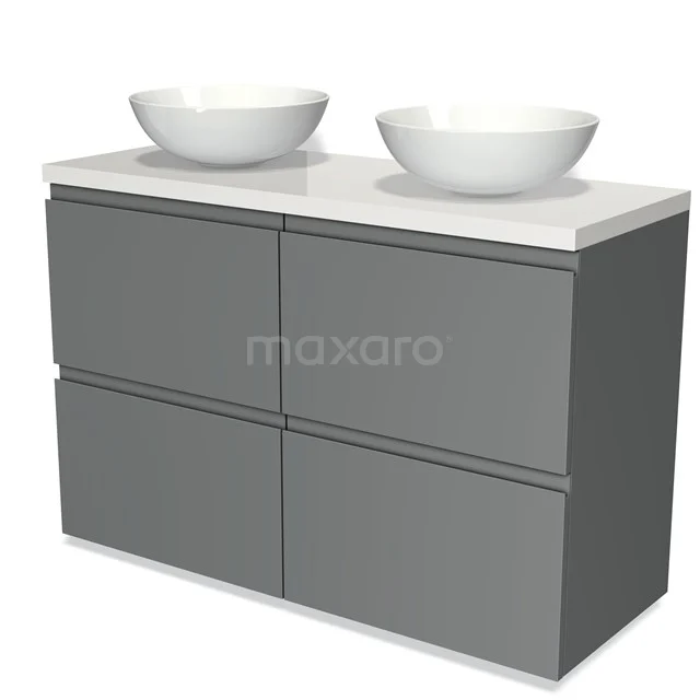 Grau Badmöbel mit zwei weißen Aufsatzwaschbecken und einem klaren Design, ideal für moderne Bäder.