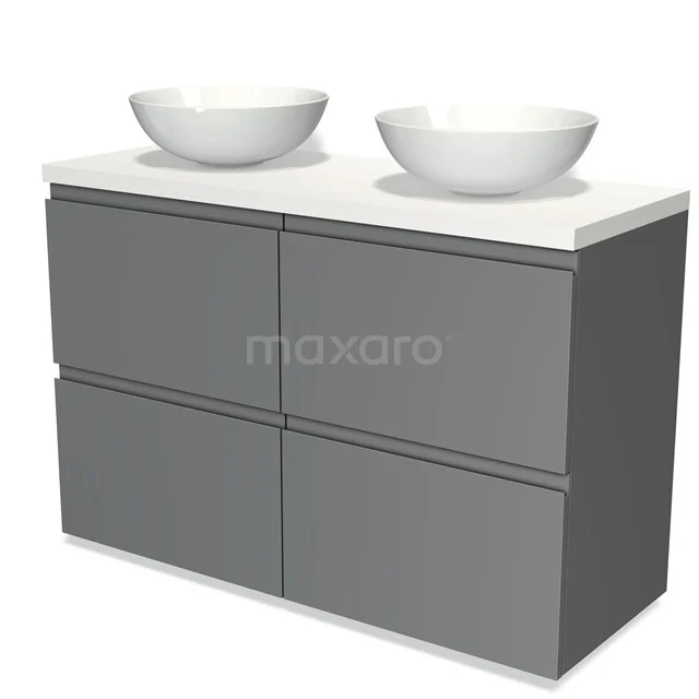 Graue Badmöbelset mit doppelten weißen Aufsatzwaschbecken, minimalistisches Design und Soft-Close Schubladen für ein modernes Badezimmer.