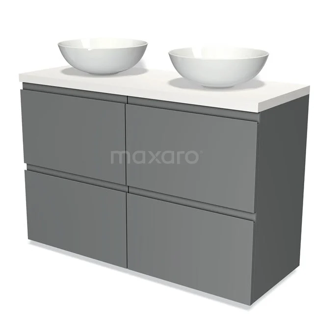 Modulo Plato Badmöbel mit Aufsatzwaschbecken | 120 cm Mittelgrau Grifflos front Matt Weiß blatt 4 hohe Schubladen BMK14-00074 Graue Badmöbelset mit doppelten weißen Aufsatzwaschbecken, minimalistisches Design und Soft-Close Schubladen für ein modernes Badezimmer.