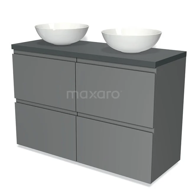 Graue Badmöbelset mit doppelten weißen Aufsatzwaschbecken, elegantes Design, ideal für moderne Bäder.