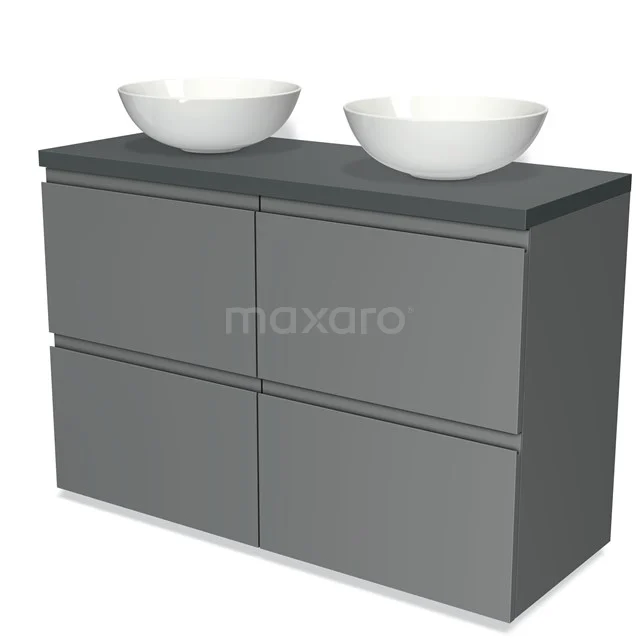 Graue Badmöbelset mit doppelten weißen Aufsatzwaschbecken, elegantes Design, ideal für moderne Bäder.