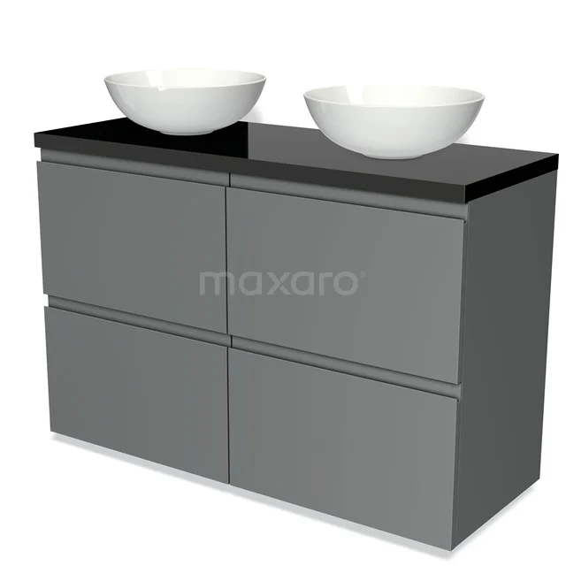 Graue Badmöbelset mit schwarzer Glasplatte, doppelten weißen Aufsatzwaschbecken, modernes Design für stilvolle Badezimmergestaltung.