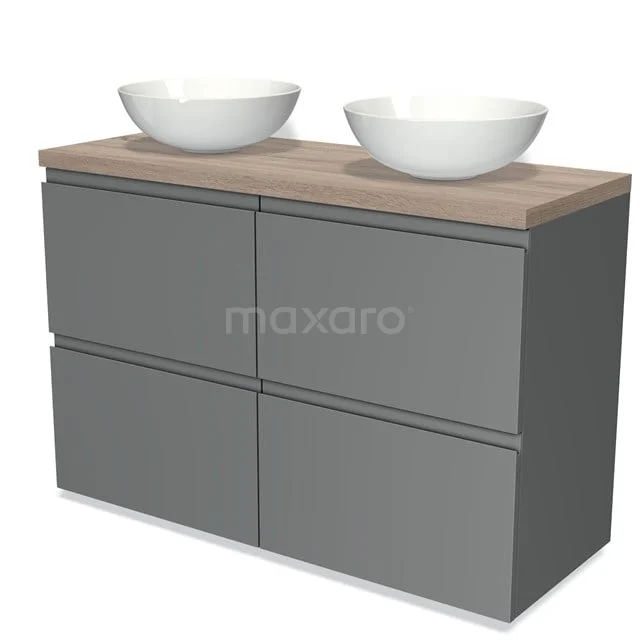 Badmöbel für Aufsatzwaschbecken 120cm Modulo Plato Mittelgrau 4 hohe Schubladen Grifflose Platte aus Eiche BMK14-00077 Graue Badmöbelset mit Holzplatte und zwei weißen Waschbecken, modernes Design und praktischer Stauraum.