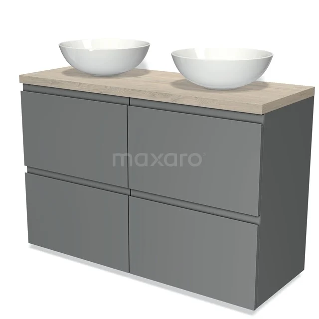 Badmöbel für Aufsatzwaschbecken 120cm Modulo Plato Mittelgrau 4 hohe Schubladen Grifflos hellgraue Eiche Platte BMK14-00078 Moderne graue Badmöbelset mit Holzlook Platte und zwei weißen komförmigen Aufsatzwaschbecken, schnittiges und stilvolles Design.