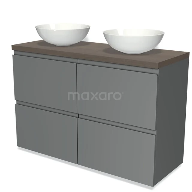 Badmöbel für Aufsatzwaschbecken 120cm Modulo Plato Mittelgrau 4 hohe Schubladen Grifflos dunkelbraune Eiche Platte BMK14-00081 Graue Badmöbelset mit doppelter Holz-Waschtischplatte und weißen Aufsatzwaschbecken, modernes Design mit klaren Linien.