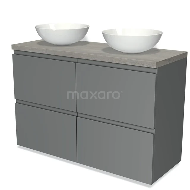 Graue Badmöbelset mit doppelten Aufsatzwaschbecken, modernem Design, vier Schubladen und einer Betonlook-Arbeitsplatte.