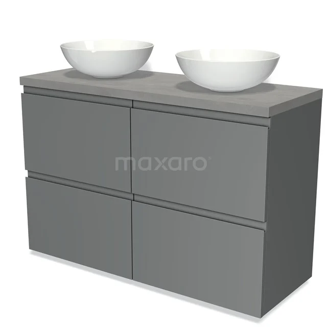 Badmöbel für Aufsatzwaschbecken 120cm Modulo Plato Mittelgrau 4 hohe Schubladen Grifflos Hellgrauer Beton Platte BMK14-00083 Graue Badmöbelset mit modernem Design, Doppelwaschbecken und sanften Ecken, ideal für ein stilvolles Badezimmer.