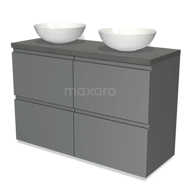 Graues Doppelwaschbeckenmöbel mit vier Schubladen und zwei weißen Aufsatzwaschbecken, ideal für eine moderne Badezimmer Einrichtung.