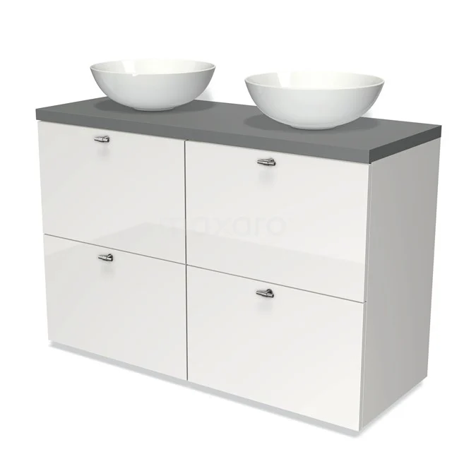 Modulo Plato Vanity units for countertop basin | 120 cm High-gloss white Flat front Mid grey worktop 4 high drawers BMK14-00086