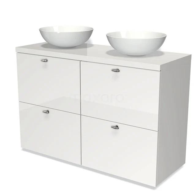 Modulo Plato Vanity units for countertop basin | 120 cm High-gloss white Flat front High-gloss white worktop 4 high drawers BMK14-00087