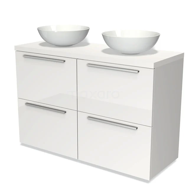 Weißes Hochglanz-Badmöbel mit doppelten Aufsatzwaschbecken, schlichten Edelstahl-Griffen und vier Schubladen für praktischen Stauraum.