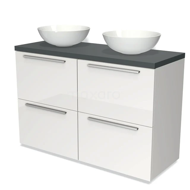 Weißes Hochglanz-Badmöbel mit vier Schubladen, schwarzer Platte und zwei runden Aufsatzwaschbecken, modernes Design.