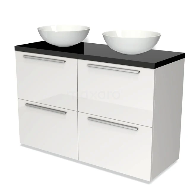 Weißes Badezimmermöbel mit schwarzer Glasplatte und doppelten runden Aufsatzwaschbecken, schlichtes Design und verchromten Haltegriffen.