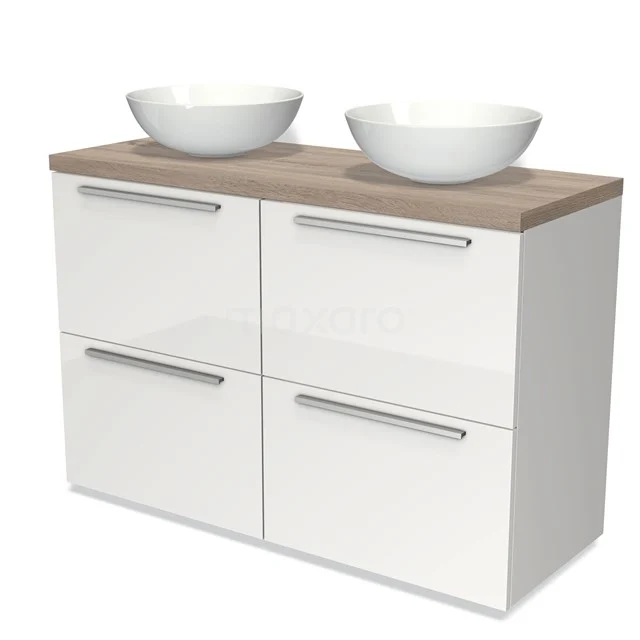 Weißes Badezimmermöbel mit Holzlook Platte und doppelten Aufsatzwaschbecken, modernes Design mit vier Schubladen und schlichten silberfarbenen Haltegriffen.