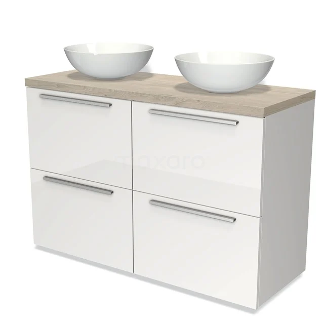 Badmöbel für Aufsatzwaschbecken 120cm Modulo Plato Hochglanz Weiß 4 hohe Schubladen Flach Hellgraue Eiche Platte BMK14-00092 Weißes Badezimmermöbel mit 4 Schubladen, Holzlook-Platte und doppelten Aufsatzwaschbecken, modernes Design für ein stilvolles Badezimmer.