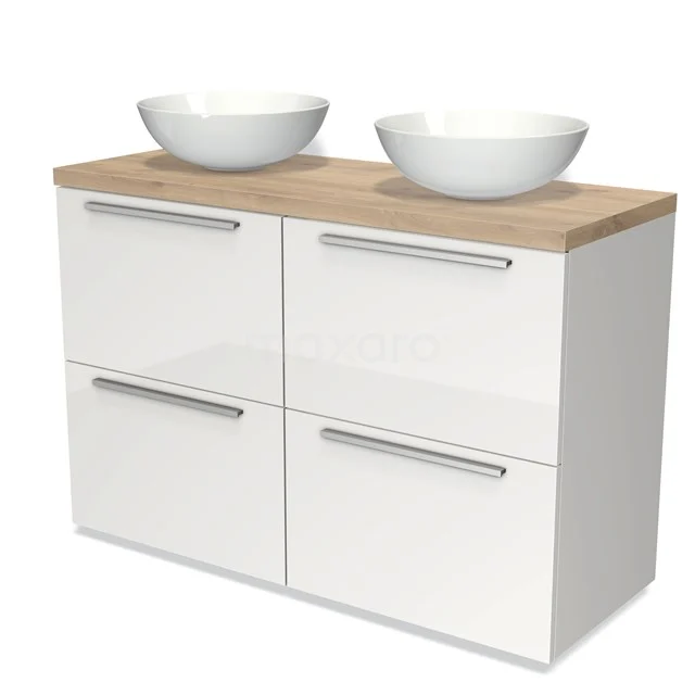 Weißes Badezimmermöbel mit Holzplatte und doppelten runden Waschbecken, modernes Design und praktische Schubladen.