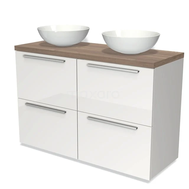 Weiße Badmöbelset mit vier Schubladen, Holzplatte und zwei runden Waschbecken; moderner Stil für ein stilvolles Badezimmer.