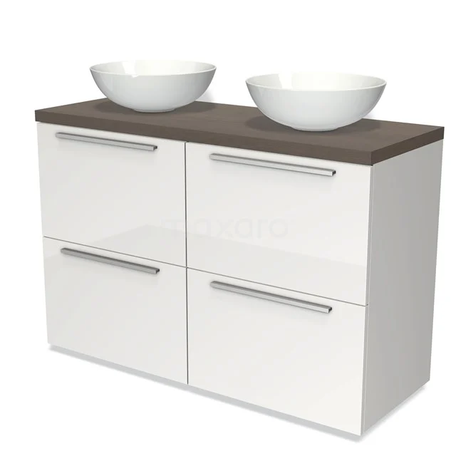 Modulo Plato Vanity units for countertop basin | 120 cm High-gloss white Flat front Dark brown oak worktop 4 high drawers BMK14-00095