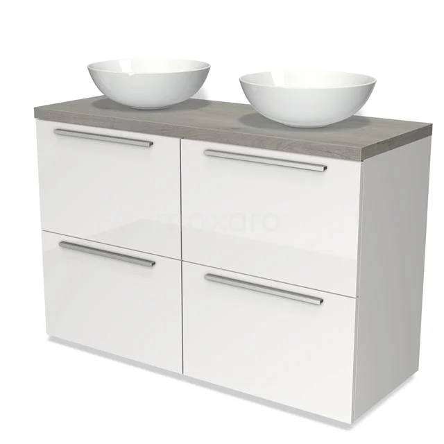 Weißes Badmöbel mit zwei Waschbecken, grauem Holzlook Platte und vier Schubladen für stilvolle und praktische Badezimmerlagerung.