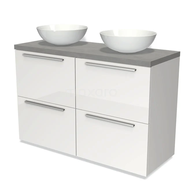 Weißes Badezimmermöbel mit grauer Holzplatte, doppelten keramischen Aufsatzwaschbecken und vier Schubladen, modernes Design.