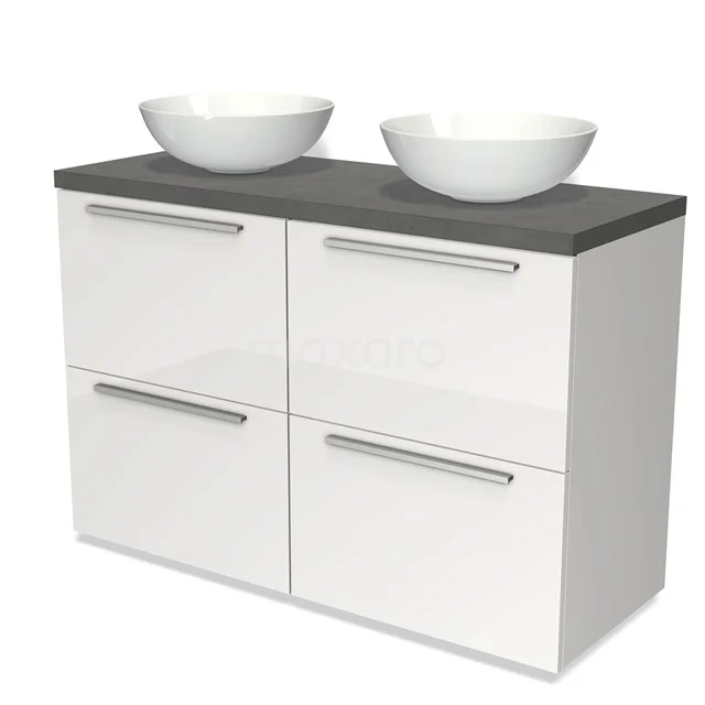 Modulo Plato Vanity units for countertop basin | 120 cm High-gloss white Flat front Dark grey concrete worktop 4 high drawers BMK14-00098