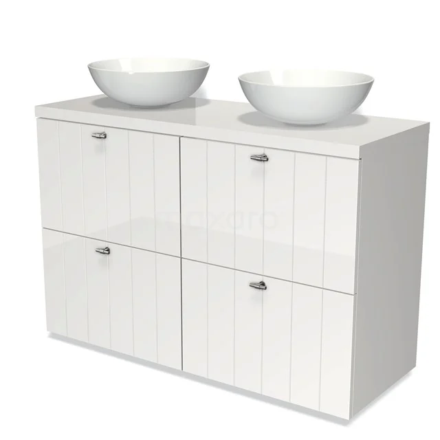 Modulo Plato Vanity units for countertop basin | 120 cm High-gloss white Slat front High-gloss white worktop 4 high drawers BMK14-00101 White bathroom unit with double round countertop wash basins, modern design, featuring four doors with vertical lines.