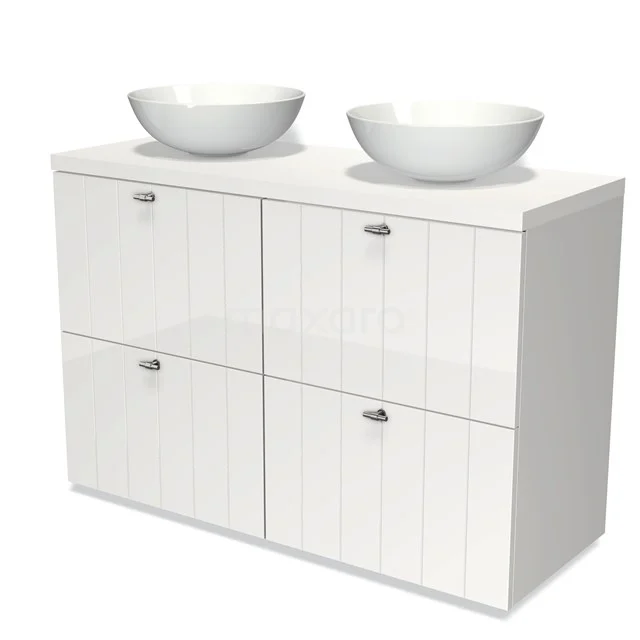 Weißes Badezimmermöbel mit doppelten runden Aufsatzwaschbecken, Holzmaserungsdesign und vier Softclose-Schubladen für einen modernen Stil.