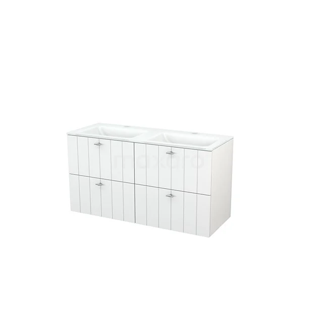 Modulo+ Bathroom furniture with sink | 120 cm High-gloss white Slat front Glass 4 drawers BMP003934 White wooden bathroom cabinet with slatted doors, four drawers and a sleek design, perfect for practical storage space.