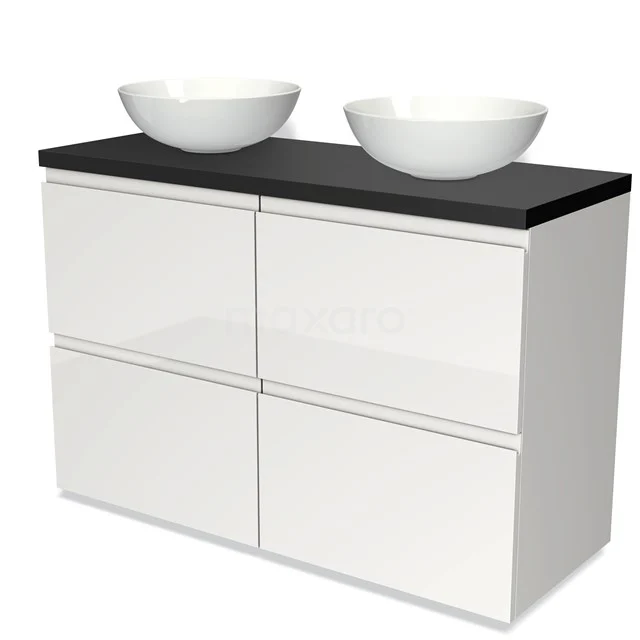 Modulo Plato Vanity units for countertop basin | 120 cm High-gloss white Handle-less front Matte black worktop 4 high drawers BMK14-00113